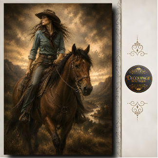 Papier Mousseline Cowgirl chevauchant un cheval brun Art du paysage