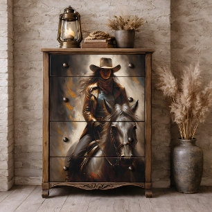 Papier Mousseline Cowgirl en cuir sur cheval noir découpage