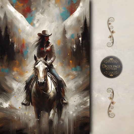 Papier Mousseline Cowgirl on White Horse Trail Decoupage