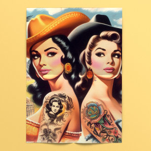 Papier Mousseline Cowgirls Tatouées Rétro