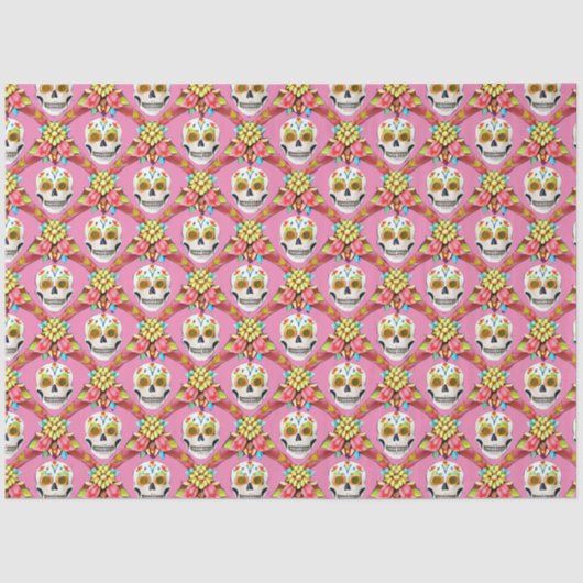 Papier Mousseline Crâne à sucre - Grille diagonale (rose) (Recto)