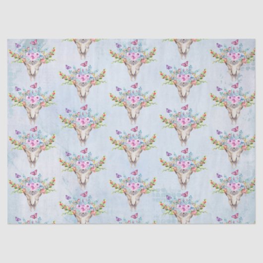 Papier Mousseline Crâne animal Boho avec papillons et fleurs (Recto)