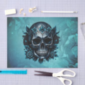 Papier Mousseline Crâne bleu foncé avec roses. (Artisanat)