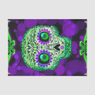 Papier Mousseline Crâne de sucre vert et violet lumineux pour la fêt