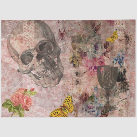 Papier Mousseline Crâne d'Halloween, Verre de Vin et Papillon jaune (Recto)