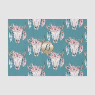 Papier Mousseline Crâne Floral Rustique Bohème Monogramme Personnali