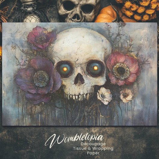 Papier Mousseline Crâne gothique avec fleurs Découpage floral foncé