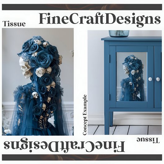 Papier Mousseline Crâne gothique et Rose Découpage Turquoise ivoire 