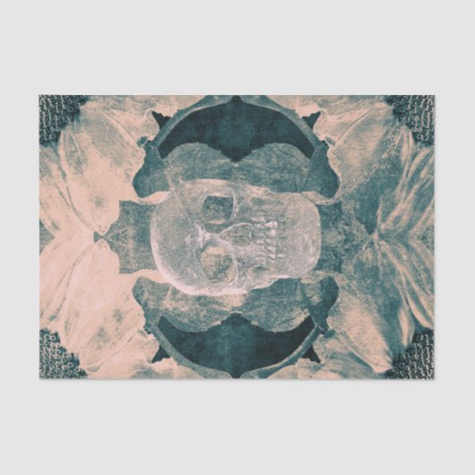 Papier Mousseline Crâne Gothique Floral Turquoise Beige Grunge Textu (Recto)