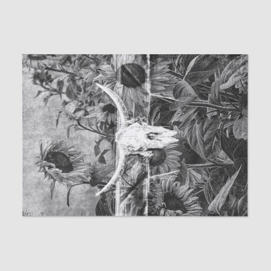 Papier Mousseline Crâne Rustique Floral Noir Et Blanc (Recto)