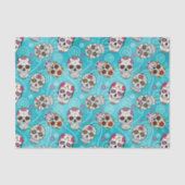 Papier Mousseline Crânes à sucre et torchons bleu turquoise D725 (Recto)