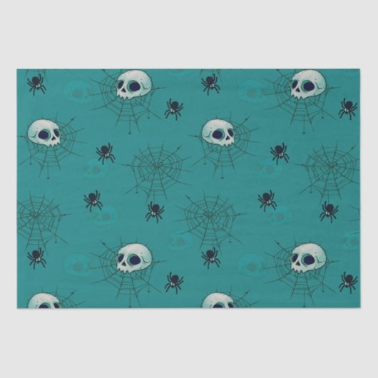 Papier Mousseline Crânes araignées toiles vertes Halloween (Recto)