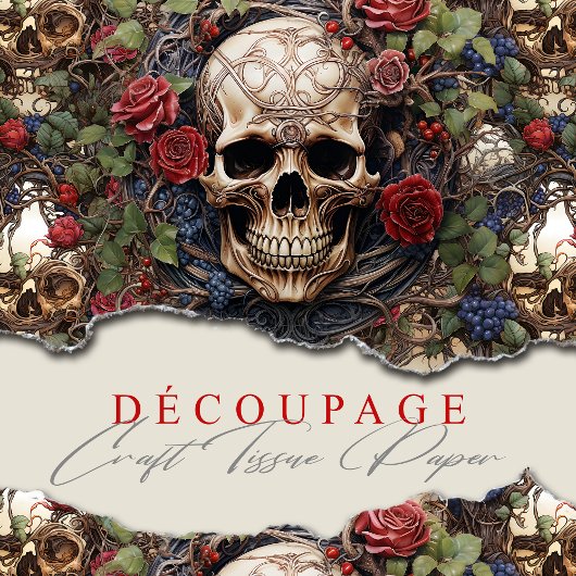 Papier Mousseline Crânes et Rose Bleu Floral Gothique