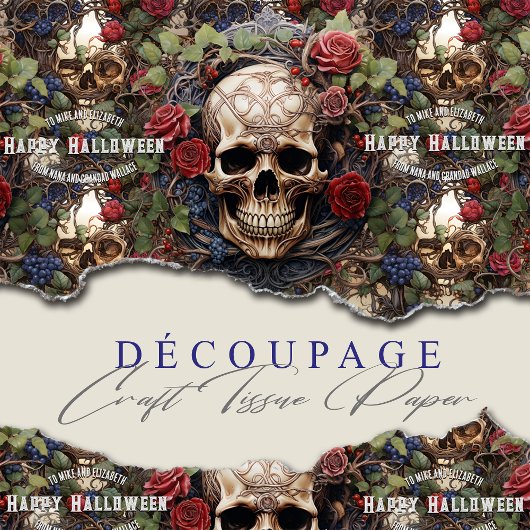 Papier Mousseline Crânes et Rose Bleu Floral Gothique Halloween