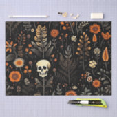Papier Mousseline Crânes Fleurs et verdure Halloween noir (Artisanat)