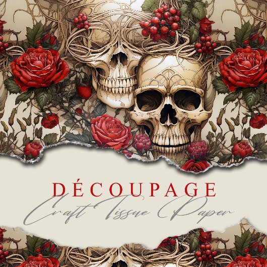 Papier Mousseline Crânes floraux Roses rouges gothique
