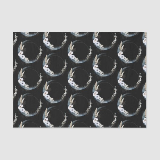 Papier Mousseline Crescent Bleu Lune avec Motif Fleurs Blanches (Recto)