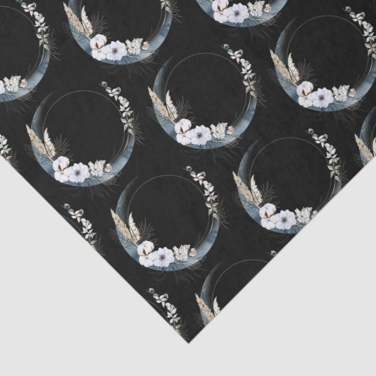 Papier Mousseline Crescent Bleu Lune avec Motif Fleurs Blanches (Détail)