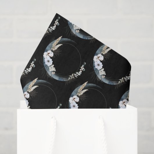 Papier Mousseline Crescent Bleu Lune avec Motif Fleurs Blanches (Sac cadeau)