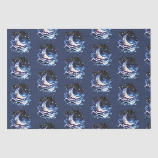 Papier Mousseline Crescent Moon Stars Céleste Blue Halloween (Recto)