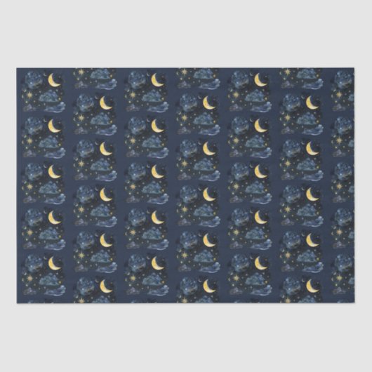 Papier Mousseline Crescent Moon Stars Céleste Blue Halloween (Recto)