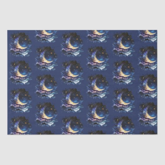 Papier Mousseline Crescent Moon Stars Céleste Blue Halloween (Recto)