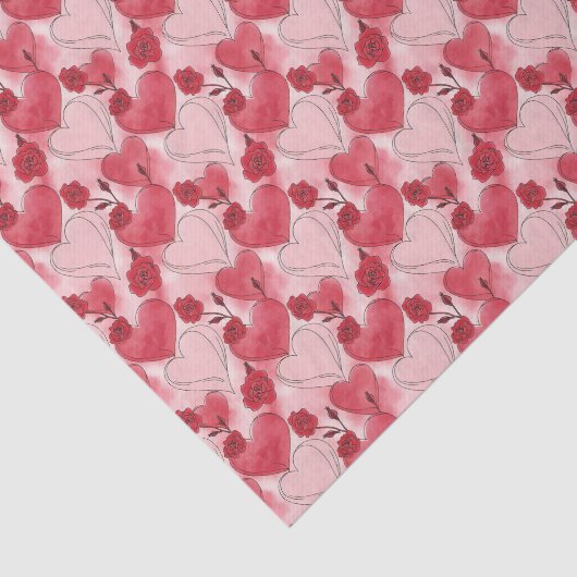 Papier Mousseline Crimson Red and Blush Pink Hearts and Roses  (Détail)