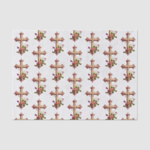Papier Mousseline Croix en bois élégante avec motifs de fleurs roses