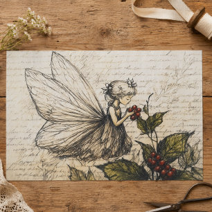 Papier Mousseline Croquis vintage Fée avec Holly et Berries