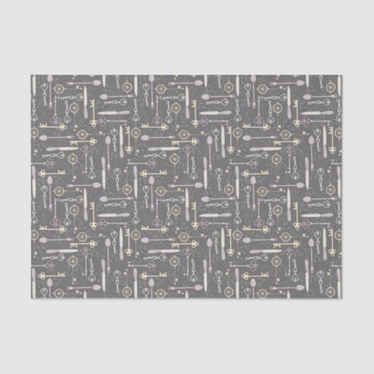 Papier Mousseline Cuillères vintages et clés sur gris (Recto)