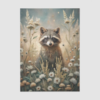 Papier Mousseline Curious Raccoon in a Forest Meadow with Flowers