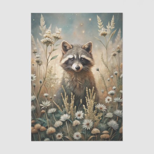 Papier Mousseline Curious Raccoon in a Forest Meadow with Flowers (Recto)