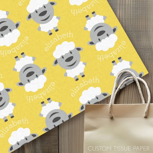 Papier Mousseline Cute Cartoon Farm Sheep - jaune et gris