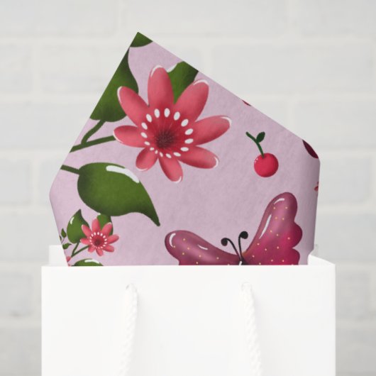 Papier Mousseline Cute Cherry Butterfly Pattern, Glossy Kawaii Fruit (Sac cadeau)