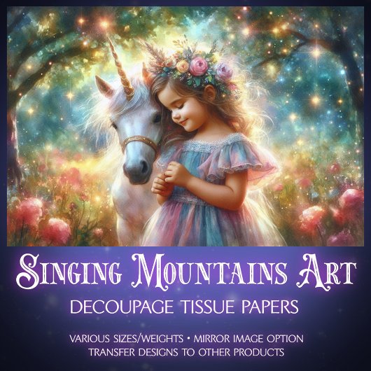 Papier Mousseline Cute Flower Girl and Unicorn In Forest Decoupage
