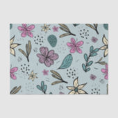 Papier Mousseline Cute Flowers and Leaves illustrated Pattern Blue (Recto)