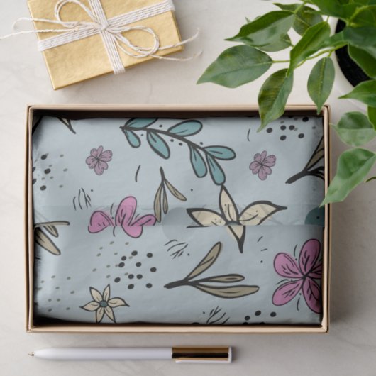 Papier Mousseline Cute Flowers and Leaves illustrated Pattern Blue (Cadeau)