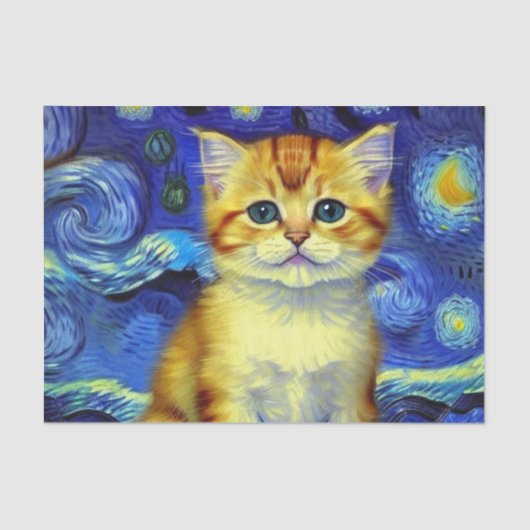 Papier Mousseline Cute Kitten Starry Night Van Gogh (Recto)