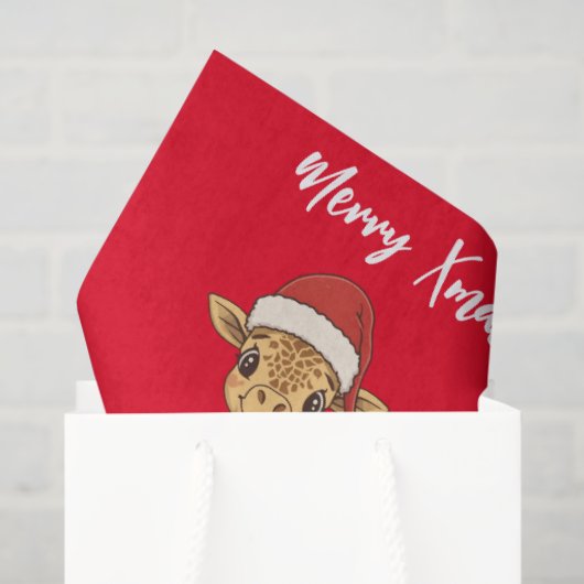 Papier Mousseline Cute merry giraffe Christmas tree zoo safari Xmas  (Sac cadeau)