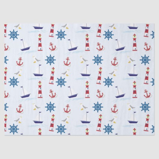 Papier Mousseline Cute Nautical Lighthouse Navire et Sea Gull bleu (Recto)