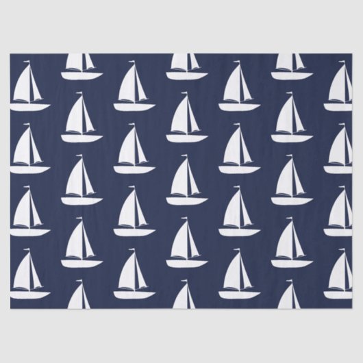 Papier Mousseline Cute Nautique Blanc Voiliers Marine Bleu (Recto)