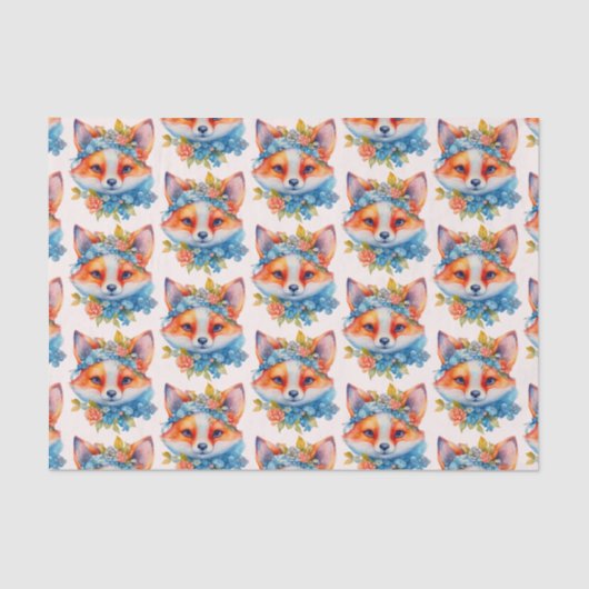 Papier Mousseline Cute Renard orange avec Couronne florale (Recto)