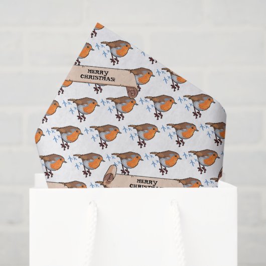 Papier Mousseline Cute Robin Joyeux Noël 80s Retro Motif d'oiseaux (Sac cadeau)