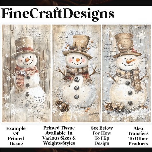 Papier Mousseline Cute Shabby Chic Snowmen Beige AL8 Découpage