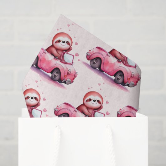Papier Mousseline Cute Sloth Driving a Pink Convertible Pattern (Sac cadeau)