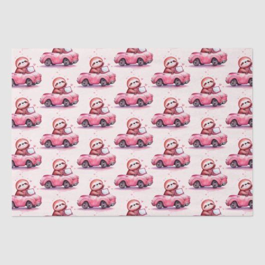 Papier Mousseline Cute Sloth Driving a Pink Convertible Pattern (Recto)
