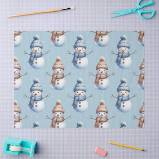 Papier Mousseline Cute Snowman Blue Snowy Background Christmas (Artisanat)