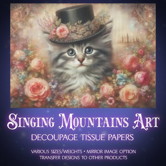 Papier Mousseline Cute Victorian Cat in Top Hat Decoupage 