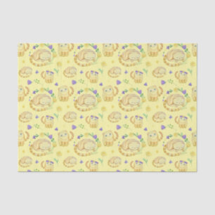 Papier Mousseline Cute Watercolor Chats et Fleurs Motif Jaune