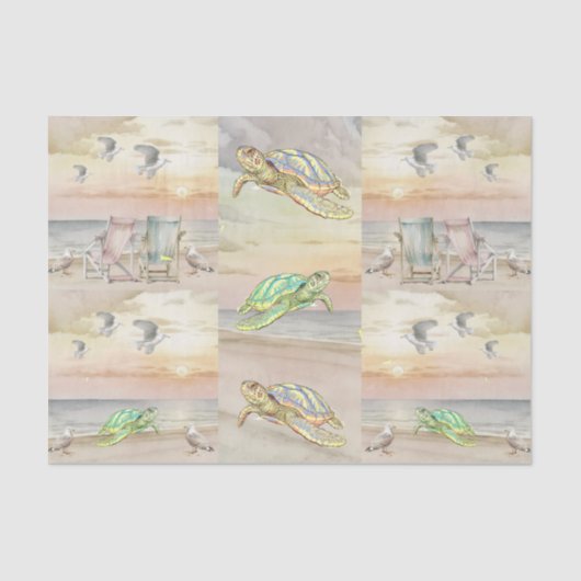 Papier Mousseline Cute Watercolor Seaside Seagulls & Sea Turtles (Recto)